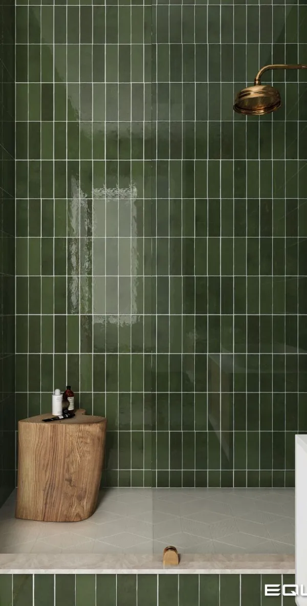 Baño con azulejos efecto monocolor en tonos fríos, colección La riviera de Equipe