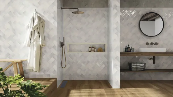 Baño con azulejos efecto monocolor en tonos neutros, colección Lautia de Ape