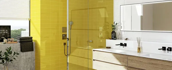 Baño con azulejos efecto monocolor en tonos cálidos, colección Liso de Ribesalbes