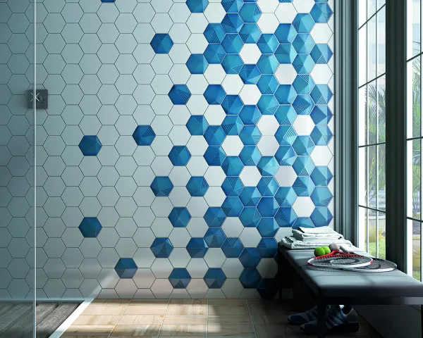 Baño con azulejos efecto monocolor en tonos fríos, colección Magical3 de Equipe