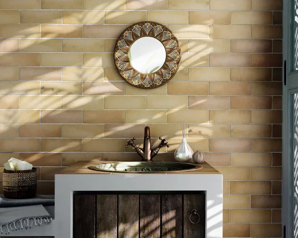Baño con azulejos efecto monocolor en tonos cálidos, colección Magma de Equipe
