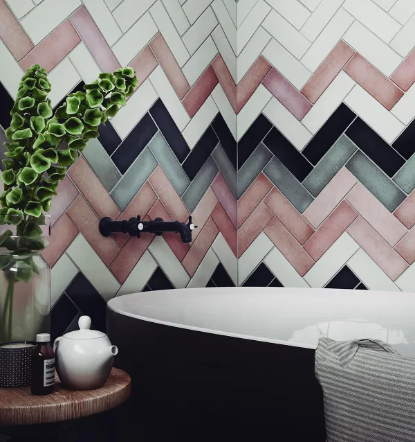 Baño con azulejos efecto monocolor en tonos fríos, colección Magma de Equipe