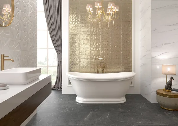 Baño con azulejos efecto monocolor, colección Maiolica de TAU ceràmica