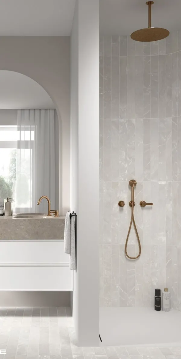 Baño con azulejos efecto monocolor en tonos neutros, colección Marmoris de Equipe
