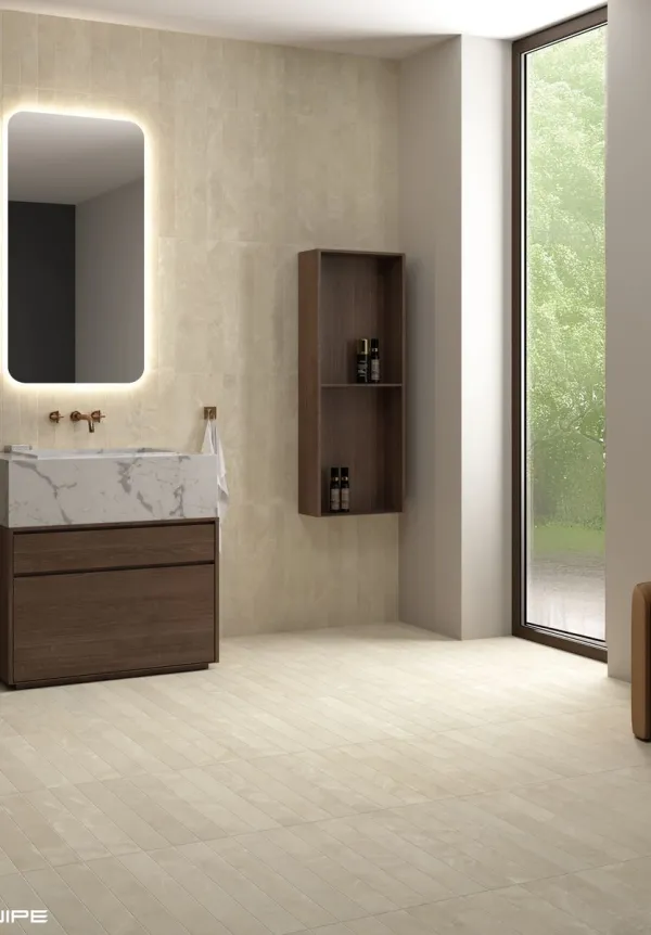 Baño con azulejos efecto monocolor en tonos cálidos, colección Marmoris de Equipe