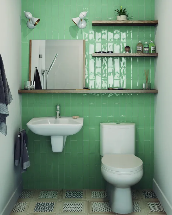Baño con azulejos efecto monocolor en tonos fríos, colección Masía de Equipe
