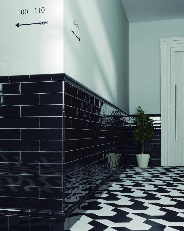Baño con azulejos efecto monocolor en tonos fríos, colección Masía de Equipe