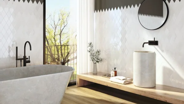 Baño con azulejos efecto monocolor en tonos neutros, colección Memories de Ape