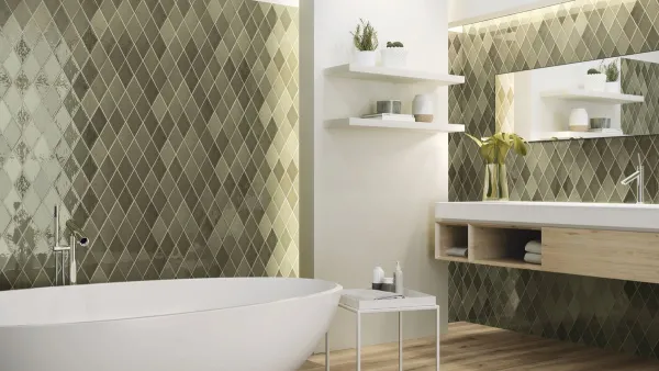 Baño con azulejos efecto monocolor, colección Memories de Ape