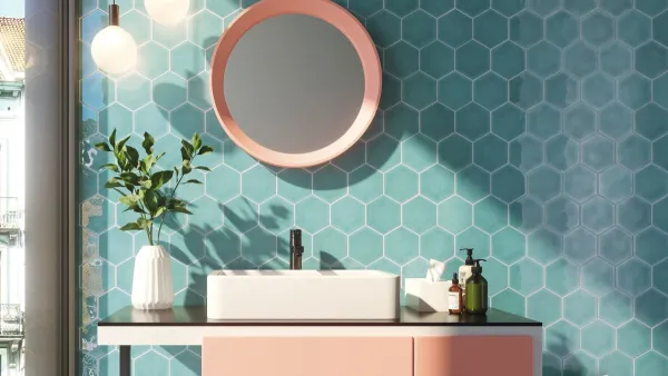 Baño con azulejos efecto monocolor en tonos fríos, colección Memories de Ape