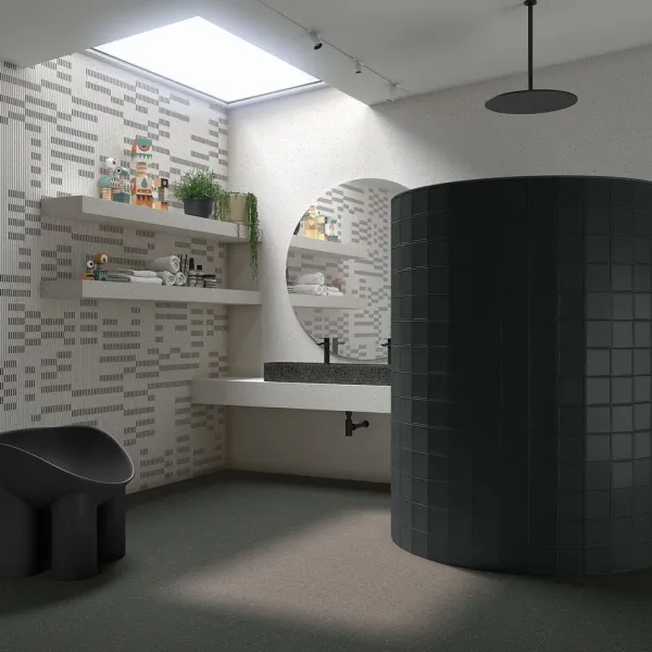 Baño con azulejos efecto monocolor en tonos neutros, colección Micra de Vives