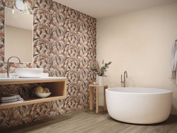 Baño con azulejos efecto monocolor en tonos cálidos, colección Montmartre de Baldocer