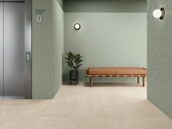 Baño con azulejos efecto monocolor, colección Moves de Harmony