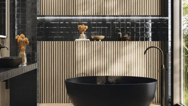 Baño con azulejos efecto monocolor, colección Nour de Ape