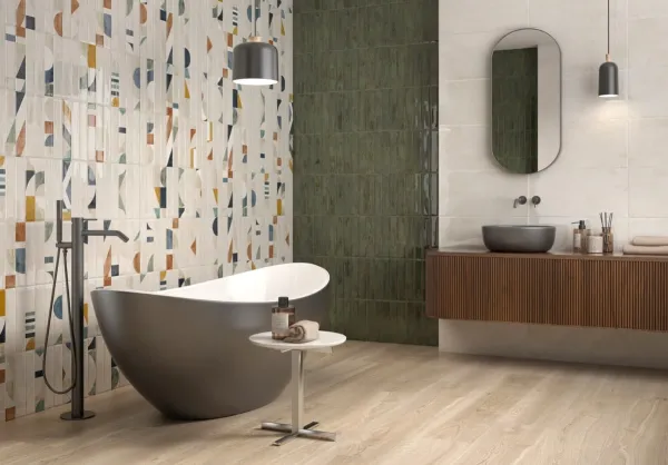 Baño con azulejos efecto monocolor en tonos cálidos, colección Nuance de Colorker