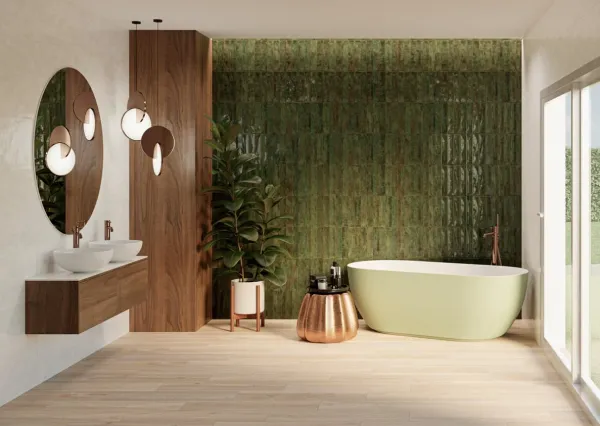 Baño con azulejos efecto monocolor en tonos cálidos, colección Nuance de Colorker