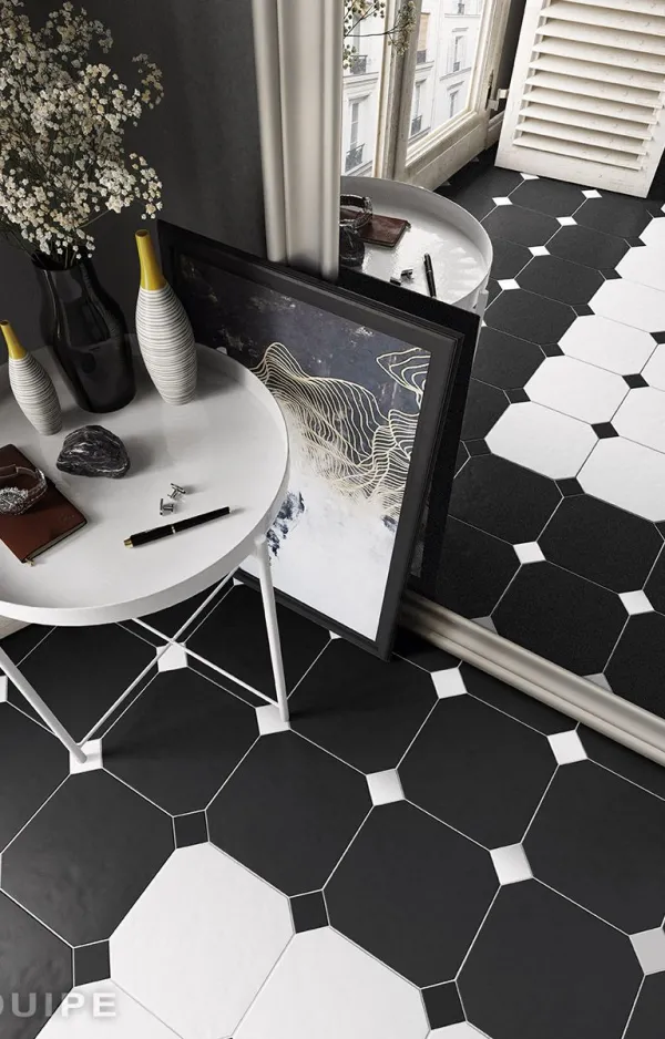Baño con azulejos efecto monocolor en tonos neutros, colección Octagon de Equipe