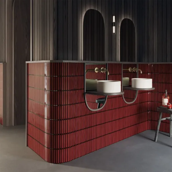 Baño con azulejos efecto monocolor en tonos cálidos, colección Osaka bars de DNA Tiles
