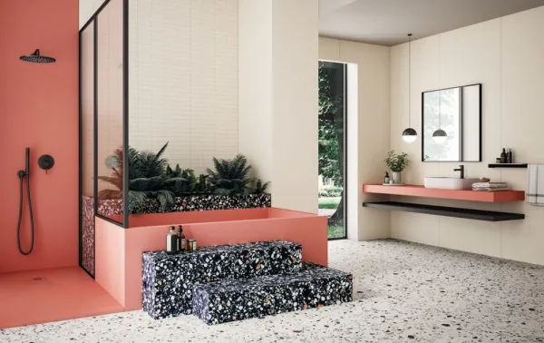 Baño con azulejos efecto monocolor en tonos cálidos, colección Pastelli de Alfa Lux