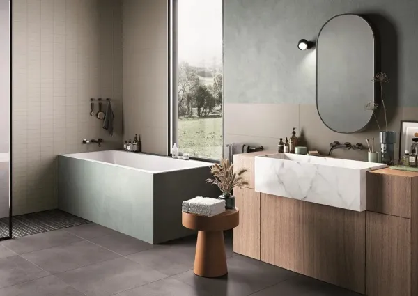 Baño con azulejos efecto monocolor, colección Pastelli de Alfa Lux