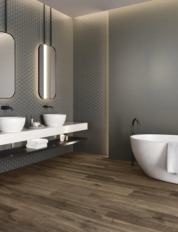 Baño con azulejos efecto monocolor, colección Pearl de Fanal