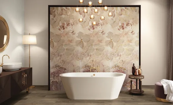 Baño con azulejos efecto monocolor en tonos cálidos, colección Pearl de Fanal