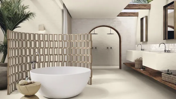 Baño con azulejos efecto monocolor en tonos cálidos, colección Pukka de Ape
