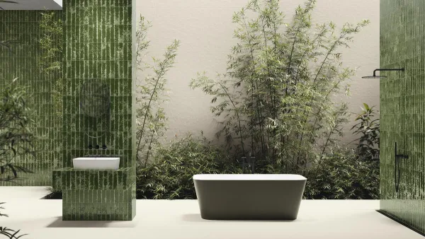 Baño con azulejos efecto monocolor, colección Pukka de Ape