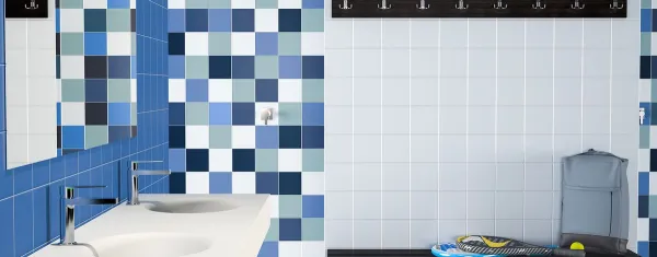 Baño con azulejos efecto monocolor en tonos fríos, colección Rainbow de Pissano
