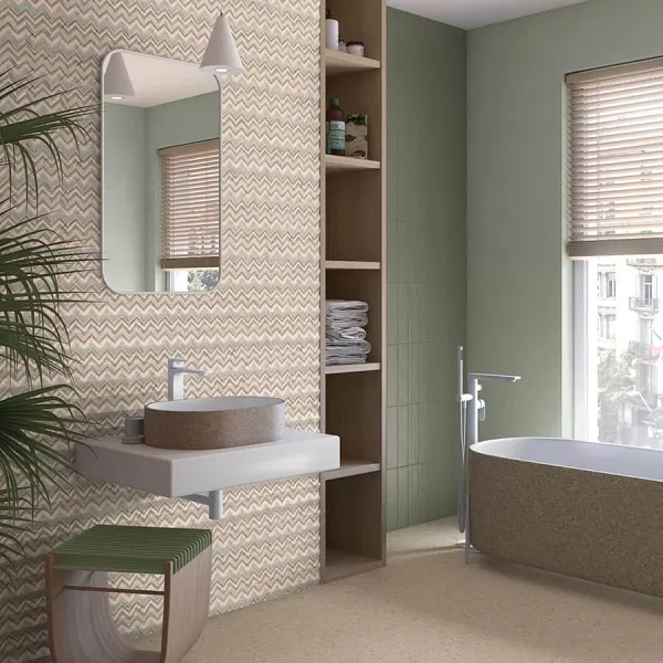 Baño con azulejos efecto monocolor en tonos cálidos, colección Ritmo de Vives
