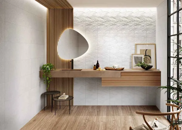 Baño con azulejos efecto monocolor en tonos cálidos, colección Santorini de Metropol