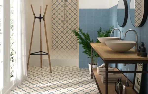 Baño con azulejos efecto monocolor, colección Saudade de Dune