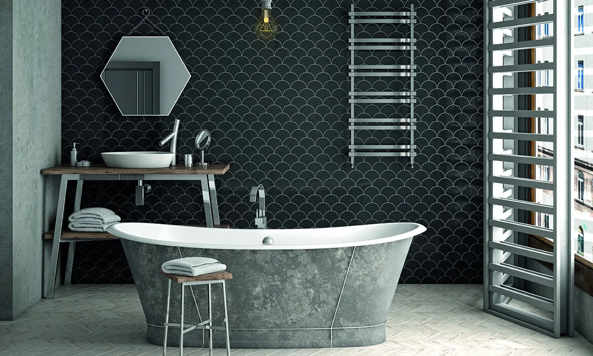 Baño con azulejos efecto monocolor en tonos fríos, colección Scale de Equipe