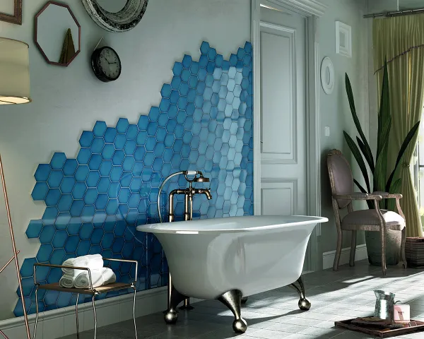 Baño con azulejos efecto monocolor en tonos fríos, colección Scale de Equipe
