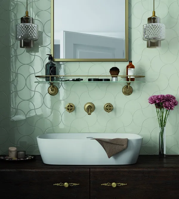 Baño con azulejos efecto monocolor en tonos fríos, colección Scale de Equipe