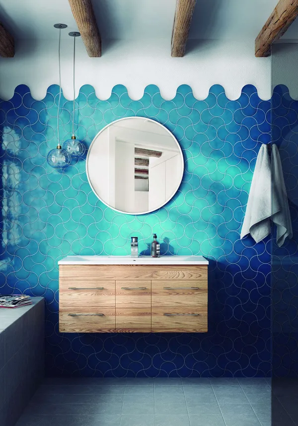 Baño con azulejos efecto monocolor en tonos fríos, colección Scale de Equipe
