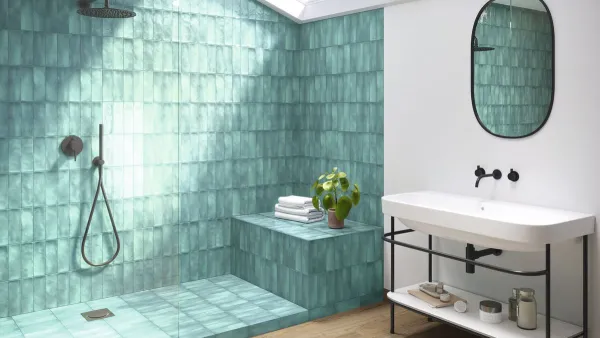 Baño con azulejos efecto monocolor en tonos fríos, colección Seville de Ape