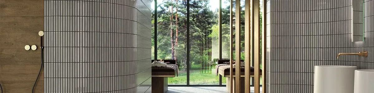 Baño con azulejos efecto monocolor en tonos neutros, colección Stripes de Bärwolf