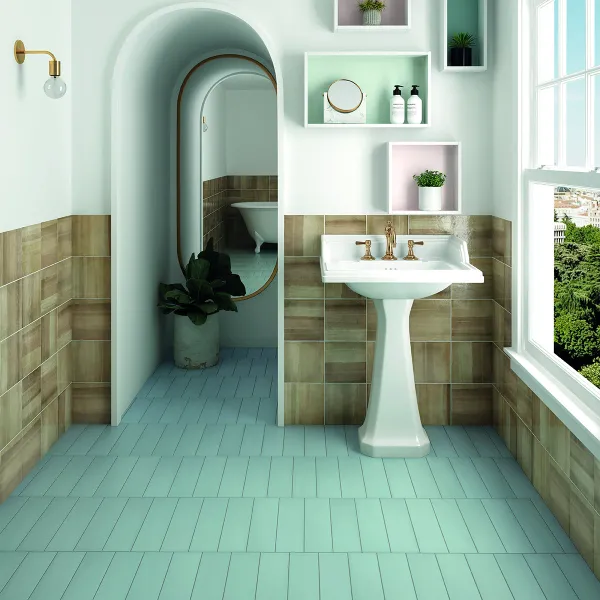 Baño con azulejos efecto monocolor en tonos fríos, colección Stromboli de Equipe