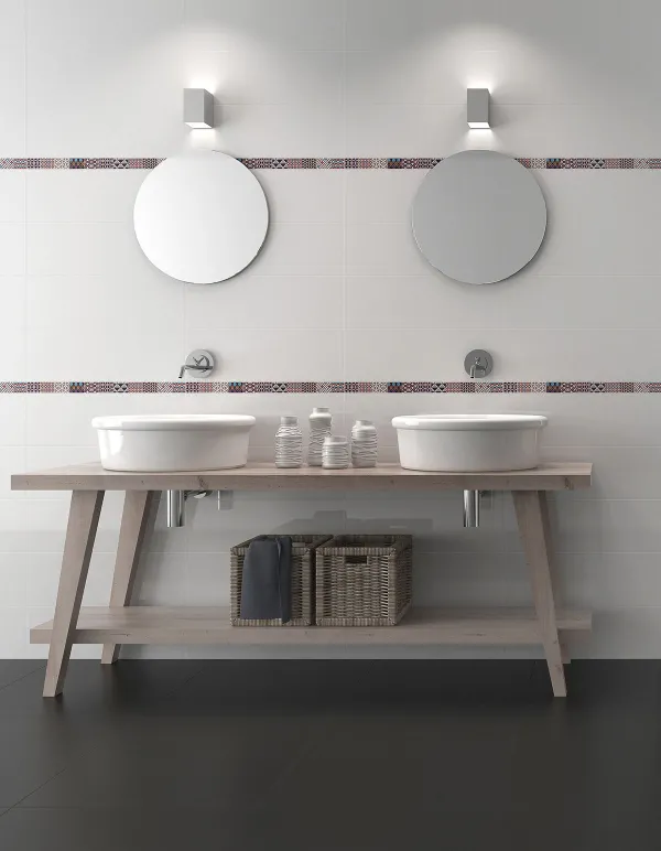 Baño con azulejos efecto monocolor en tonos neutros, colección Sun de TAU ceràmica