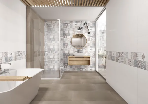 Baño con azulejos efecto monocolor en tonos neutros, colección Sun de TAU ceràmica