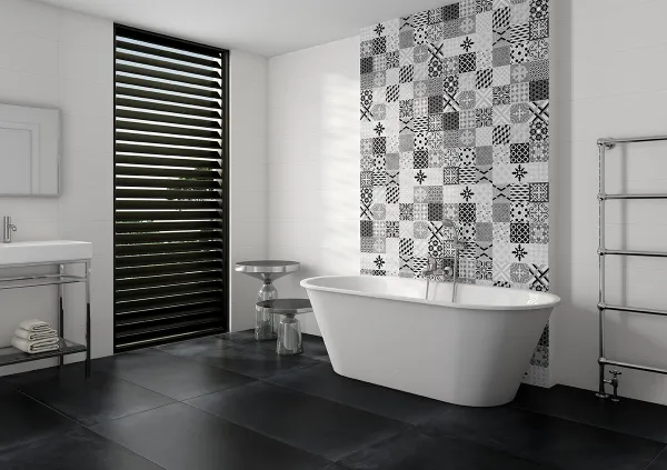 Baño con azulejos efecto monocolor en tonos neutros, colección Sun de TAU ceràmica