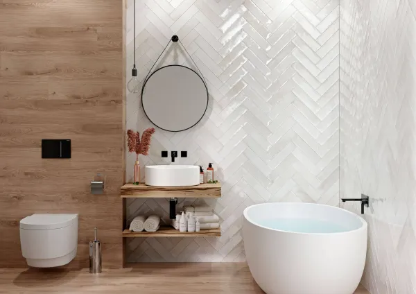 Baño con azulejos efecto monocolor en tonos cálidos, colección Tokyo de Ribesalbes