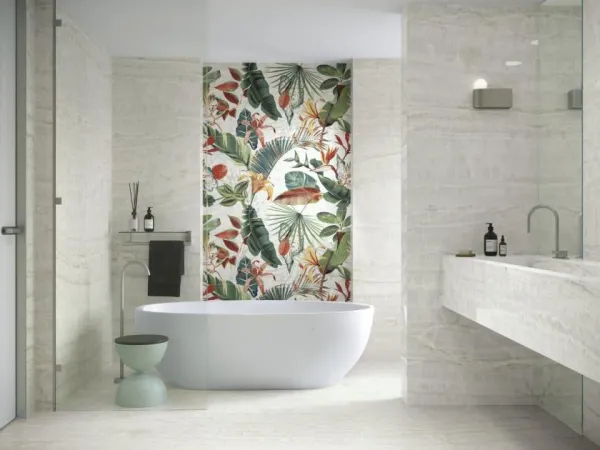 Baño con azulejos efecto monocolor en tonos neutros, colección Tonality de Ape