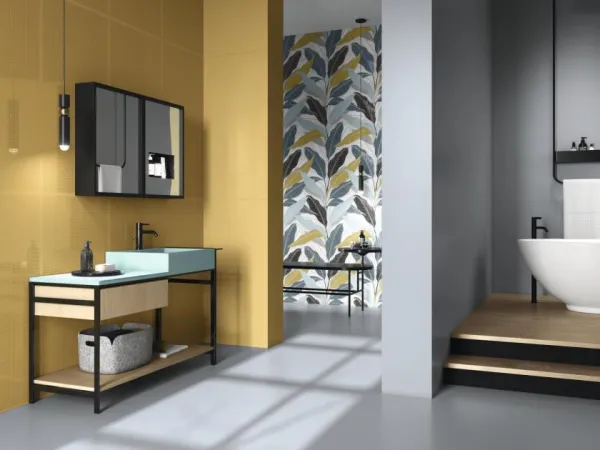Baño con azulejos efecto monocolor en tonos fríos, colección Tonality de Ape