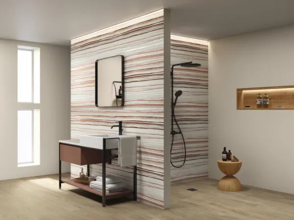 Baño con azulejos efecto monocolor en tonos cálidos, colección Tonality de Ape