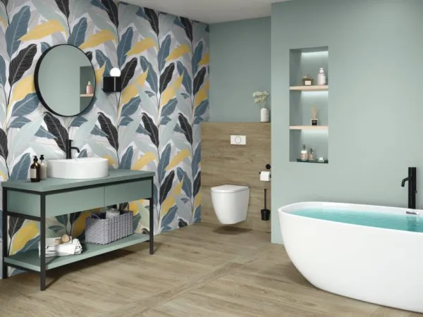 Baño con azulejos efecto monocolor en tonos fríos, colección Tonality de Ape
