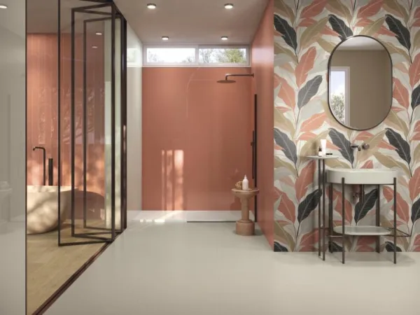 Baño con azulejos efecto monocolor en tonos cálidos, colección Tonality de Ape