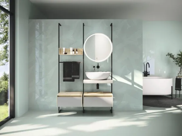 Baño con azulejos efecto monocolor en tonos fríos, colección Tonality de Ape