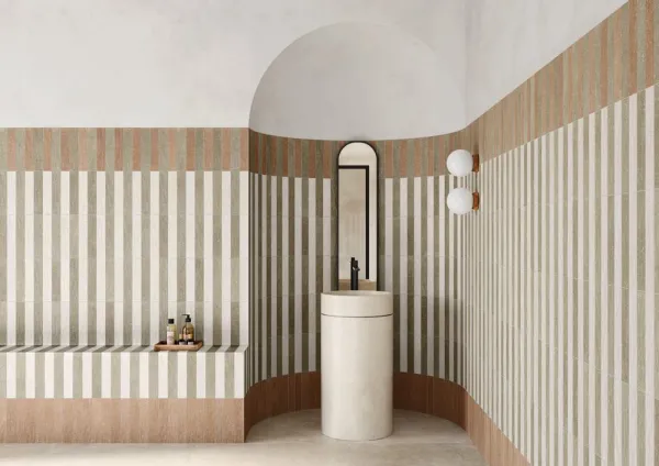 Baño con azulejos efecto monocolor en tonos cálidos, colección Trace de Harmony